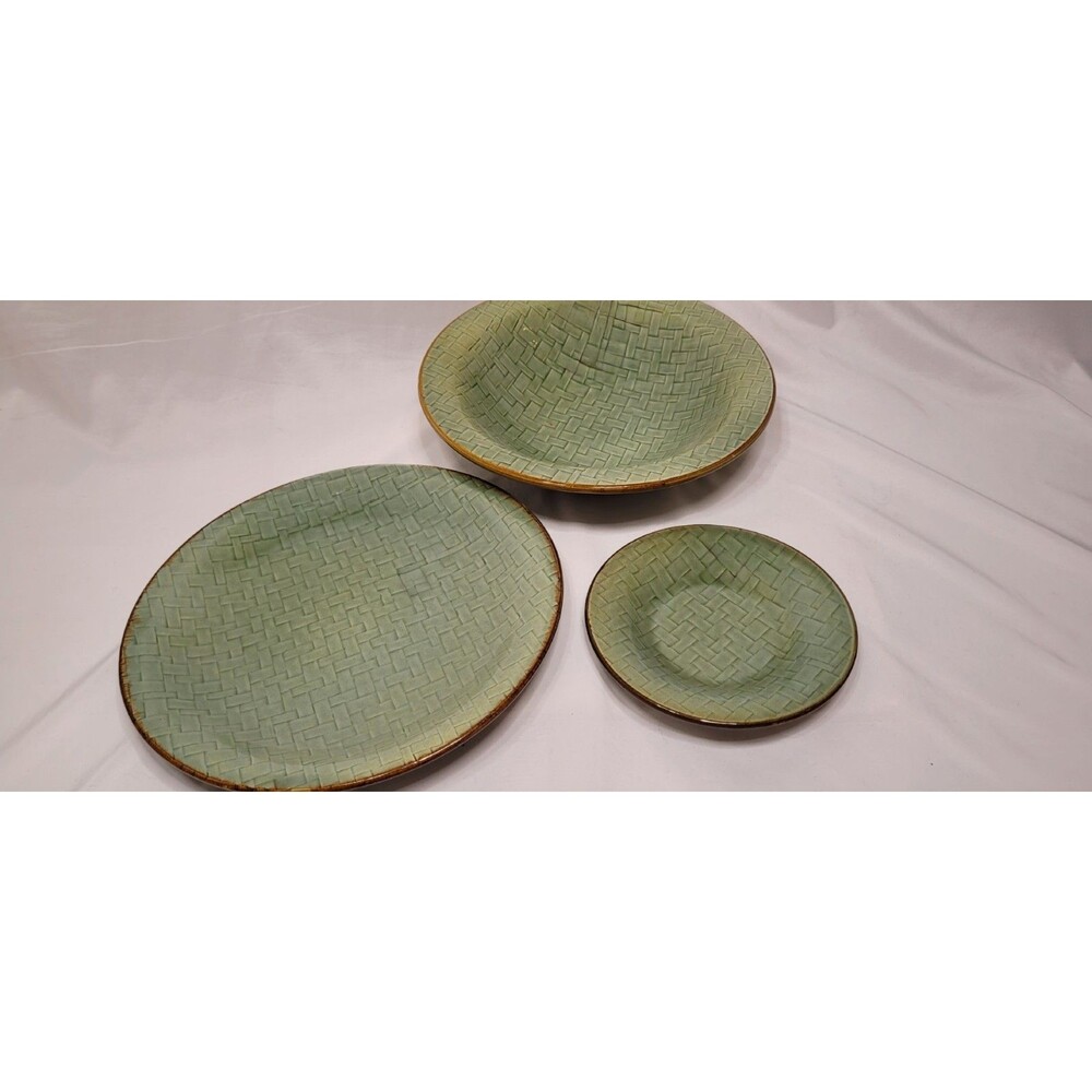 RARE MCM 3 Baldelli Italy Green Basketweave Serving Plates Bowl Mid Century Mod - Picture 2 of 7